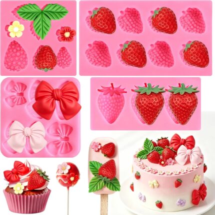 3D Strawberry Silicone Mould Set — 4 Pieces with Bow and Flower Shapes