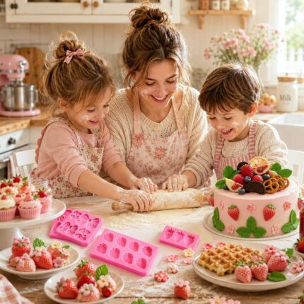 3D Strawberry Silicone Mould Set — 4 Pieces with Bow and Flower Shapes