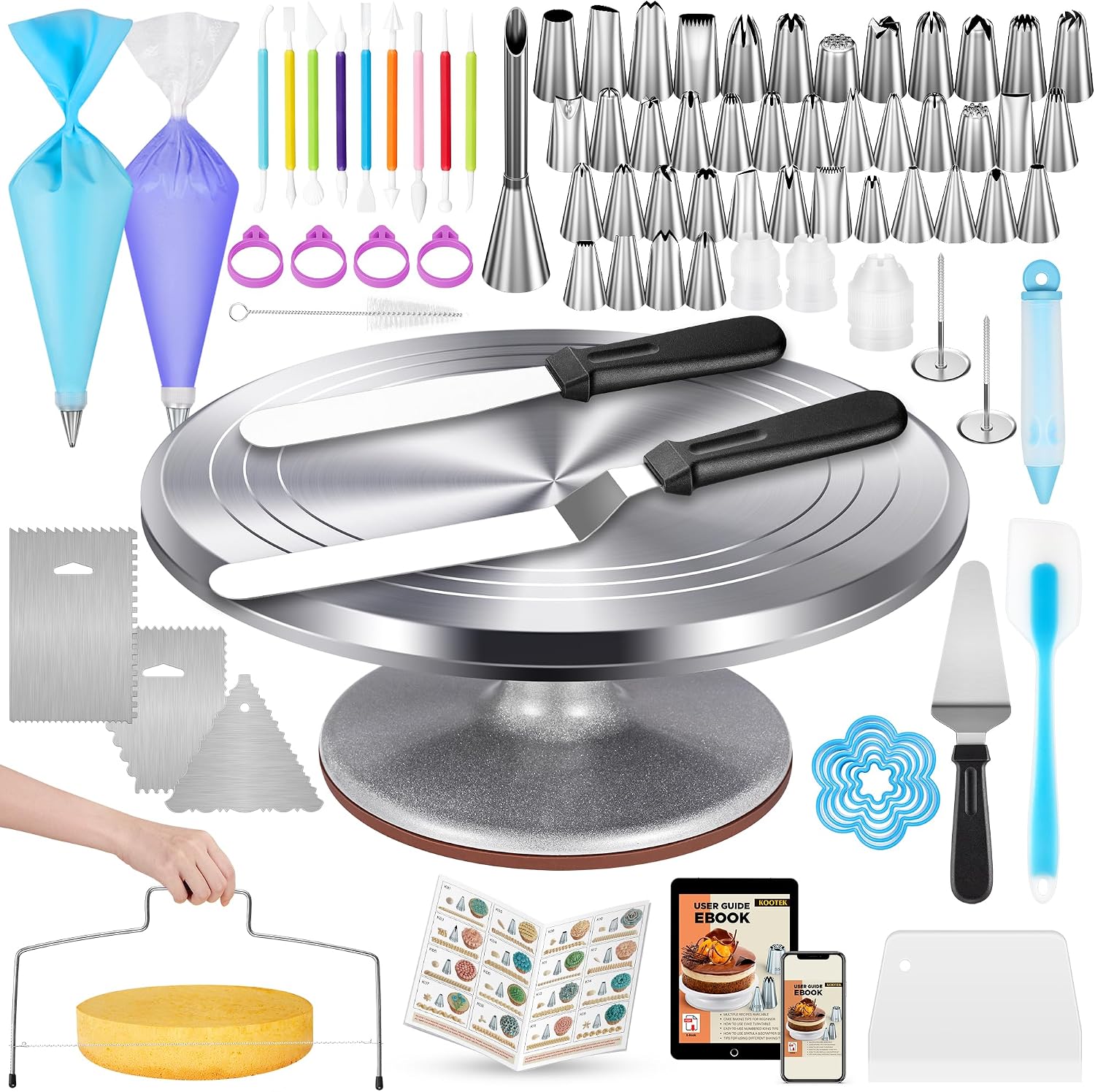 Aluminium Cake Decorating Kit — 180 Pieces with Turntable Aluminium Cake Decorating Kit — 180 Pieces with Turntable