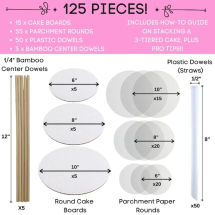Cake Tier Stacking Kit — 10, 8 and 6 Inch Boards with Dowels