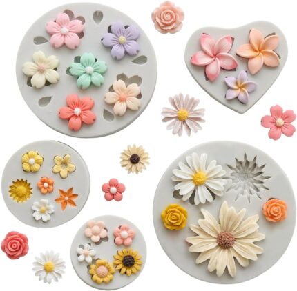 Flower Silicone Mould Set — 5 Pieces, Rose and Daisy Shapes