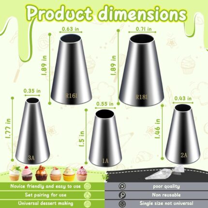 Large Round Piping Tip Set — 5 Pieces, Stainless Steel