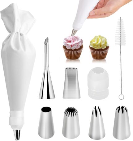 Reusable Piping Bag Set with Six Steel Nozzles — 9 Pieces