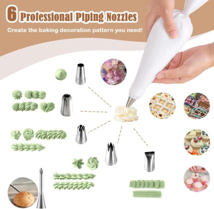 Reusable Piping Bag Set with Six Steel Nozzles — 9 Pieces